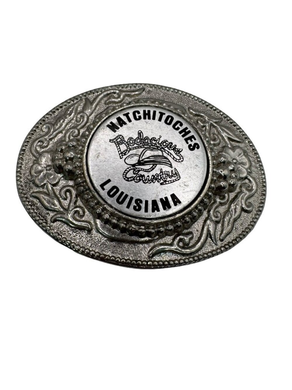 Vintage Natchitoches Louisiana Belt Buckle Oval Western Style Silver-Tone Metal